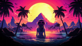 Woman water mountain palm sunset - synthwave style free wallpaper