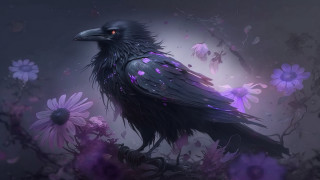 Black bird purple flower full - a black bird free wallpaper