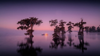 Boat trees foggy sunset mountain - the distance in the distance free wallpaper