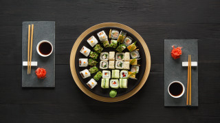 Sushi plate chopsticks sauces coffee - mingei free wallpaper