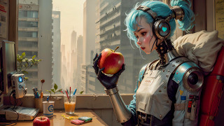 Bluehair apple headphones cyberpunk cityscape - an apple free wallpaper