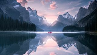 Boat mountains trees sunset pink - a pink sky free wallpaper for desktop