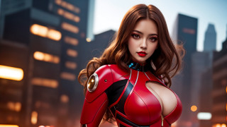 Woman red suit cyberpunk city - a red glove free wallpaper