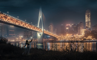 Night cityscape bridge hill cyberpunk - daniel lieske free wallpaper