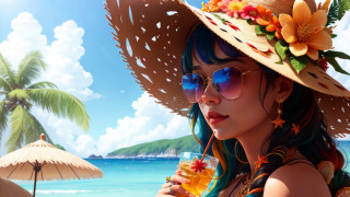 Woman hat sunglasses beach drink - a drink free wallpaper