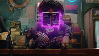 Woman table book purple eyes - cyberpunk free wallpaper