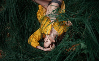 Woman grass head hands nature - figuration libre free wallpaper