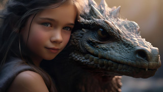 Girl hugging dragon 3d render - ultra realistic digital art free wallpaper