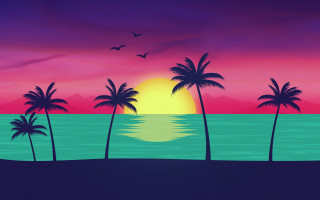 Sunset palm trees beach bird - retrowave free wallpaper