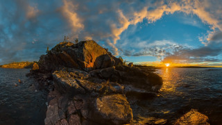 Sunset rocky shore island clouds - wide angle len free wallpaper