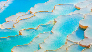 Mosaic beach ocean watercraft mountain - high saturation free wallpaper