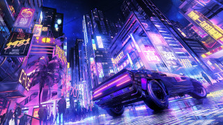 Futuristic city neon lights cyberpunk - synthwave free wallpaper