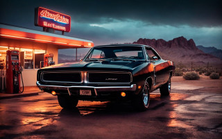 Black car gasstation neon night - a gas station free wallpaper