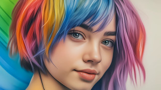 Multicolored hair digital painting portrait - her neck and a necklace free wallpaper