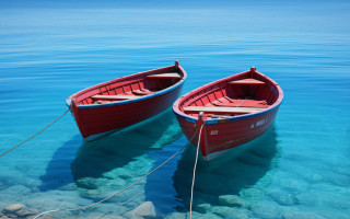 Red boats shore lake rocks - the shore of a lake free wallpaper
