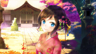 Kimono girl autumn flowers anime - a park free wallpaper for desktop