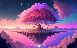 Floating island tree moon stars - fantasy artwork free wallpaper