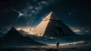 Desert man pyramid night plane - overhead in the sky free wallpaper