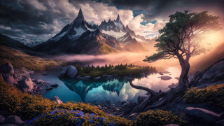 Mountain lake fantasy tree sunset - a painting of a mountain lake free wallpaper