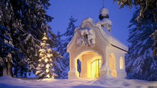 Snowy forest church night magic - the roof free wallpaper