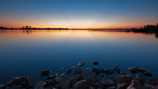 Lake rocks water sunset sky 2 - lake free wallpaper