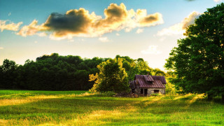 Small house field trees cloudy - a sunbeam in the foreground free wallpaper
