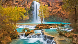 Waterfall forest autumn pool nature - free landscape wallpaper
