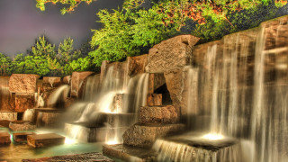 Waterfall trees night architecture bridge - side and trees free wallpaper