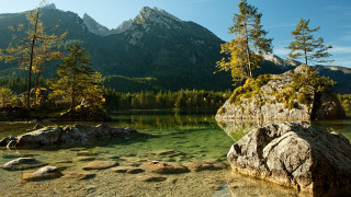 Mountain lake forest rocks sky 11 - a clear blue sky free wallpaper