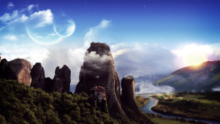 Mountain river planet moon fantasy - a distant planet in the background free wallpaper