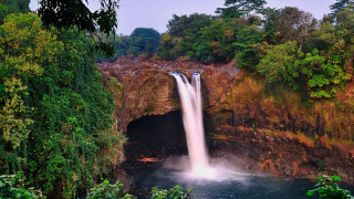 Waterfall cave starry sunset forest - in the middle of it free wallpaper