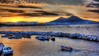 Harbor boats mountain sunset city - a harbor free wallpaper