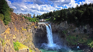 Waterfall man swimming forest houses - house free wallpaper