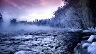 River snow trees pink sky - river free wallpaper