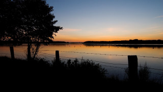 Sunset lake fence trees citylights - the foreground and a body of water free wallpaper