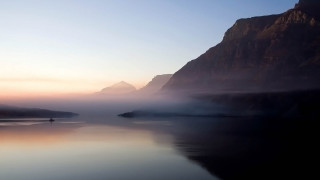 Mountain lake sunset fog outdoors - volumetric fog free wallpaper