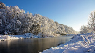River snowy trees mountains blue - free winter wallpaper