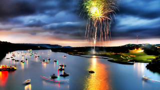 Fireworks lake boats clouds dusk - cloud above free wallpaper