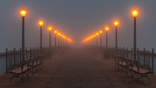 Foggy pier lamps bench lights - foggy free wallpaper