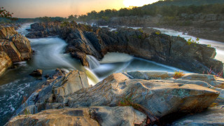 Waterfall river rocks trees sunset - hdr free wallpaper for desktop