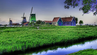 Windmills river field houses ecological - ecological free wallpaper for desktop