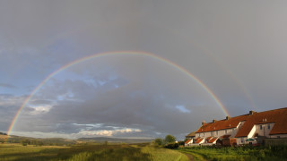 Rainbow rural houses dirtroad grassyfield - rural free wallpaper