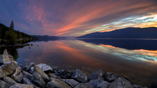 Lake rocks mountain sunset sky - alexander johnston free wallpaper for desktop