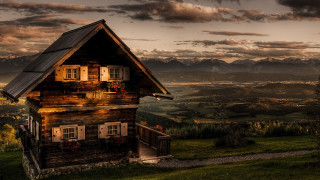 Cabin valley mountains sunset clouds - a cabin free wallpaper