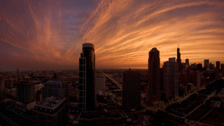 City skyline sunset clouds river - a few building free wallpaper for desktop