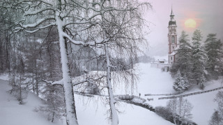 Snowy landscape church bridge forests - heidelberg school free wallpaper