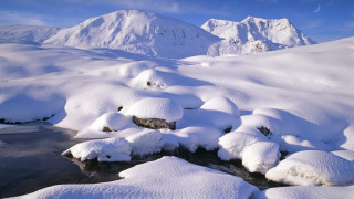 Snowy mountain stream puzzle scene - covered free wallpaper