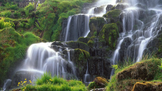 Waterfall greengrass cliff mountains nature - the ground below free wallpaper