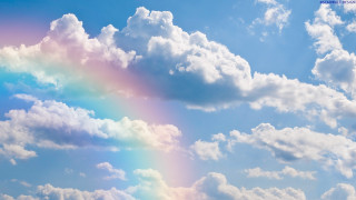 Rainbow clouds plane beach city - free sky wallpaper for desktop
