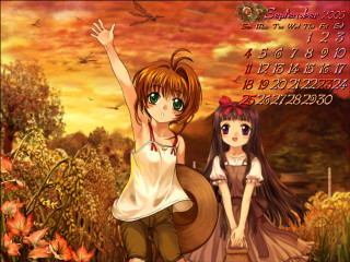 Anime girls autumn field flowers - a couple of anime girls sitting next free wallpaper
